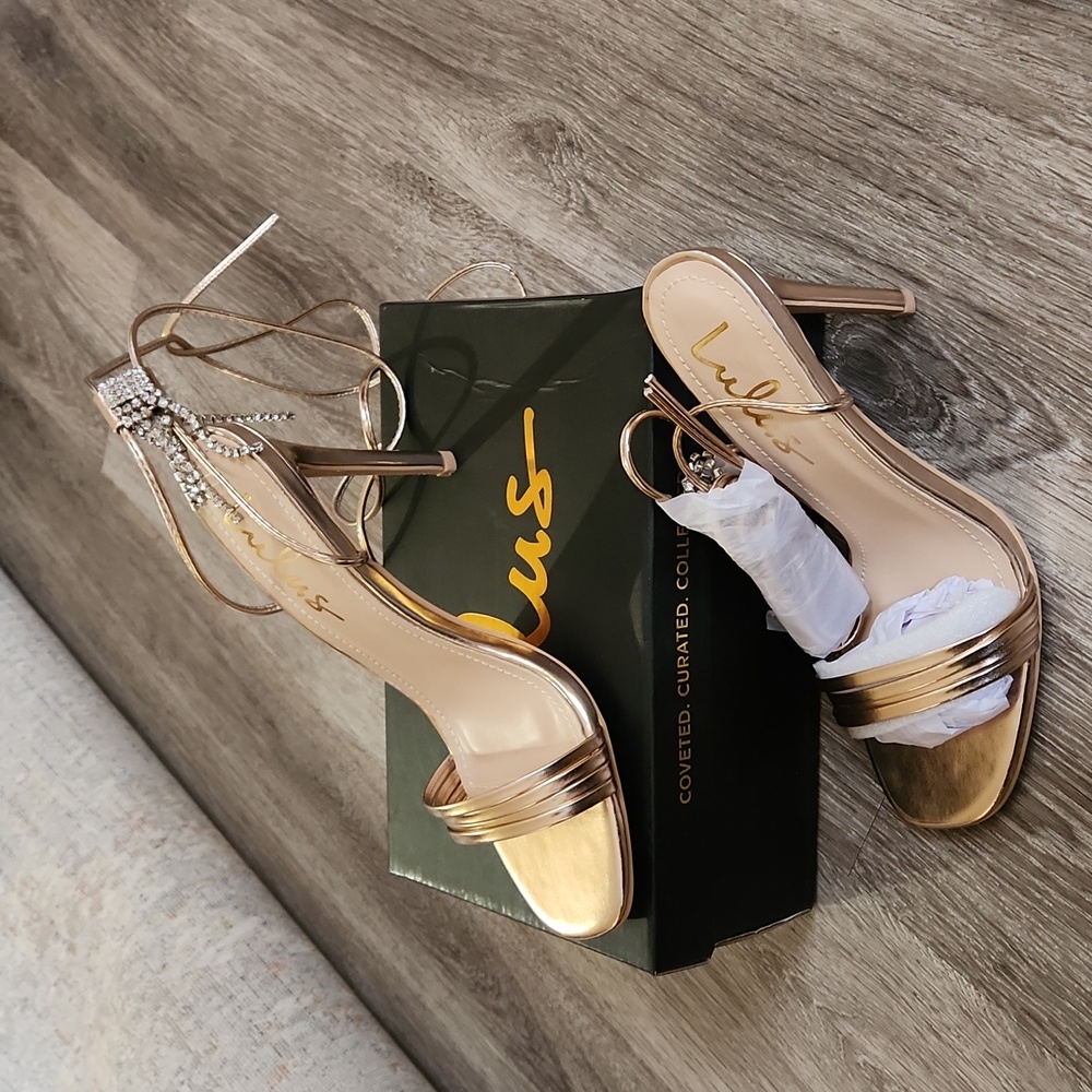 Rose Gold Removable Rhinestone Detaile Lace-Up High Heel Sandals